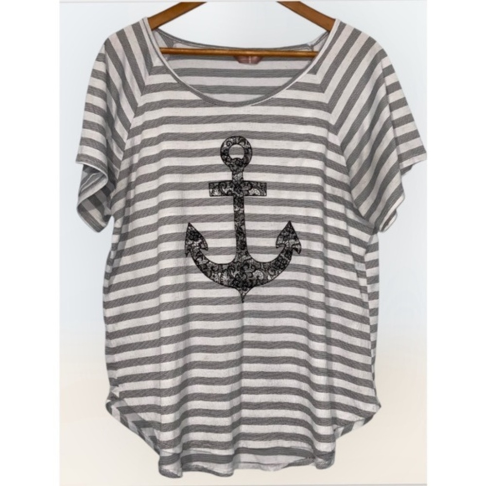 SJS Gray & White Striped Lacey Anchor Short Sleeve Round Neck Top 1X